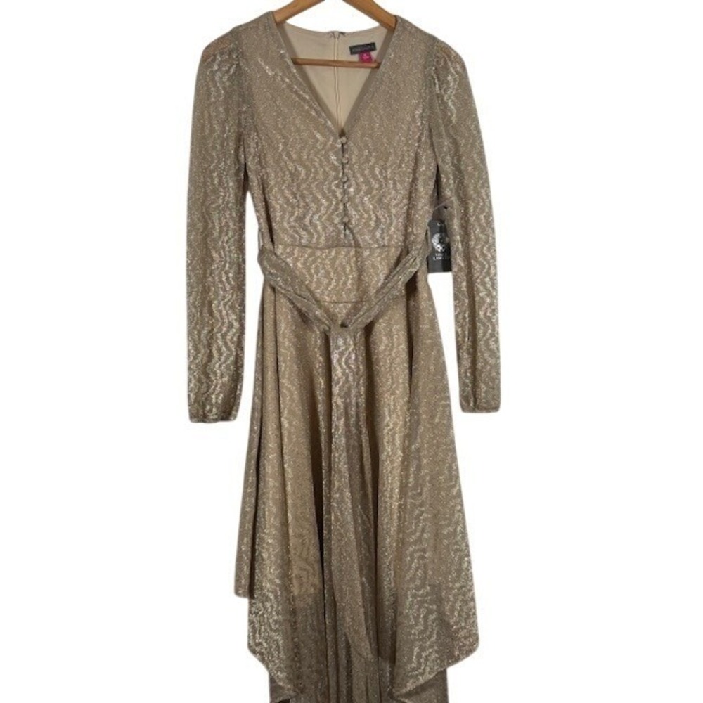 NWT Vince Camuto Metallic‎ Long Sleeve Belted Midi Dress Gold Sparkle - XS